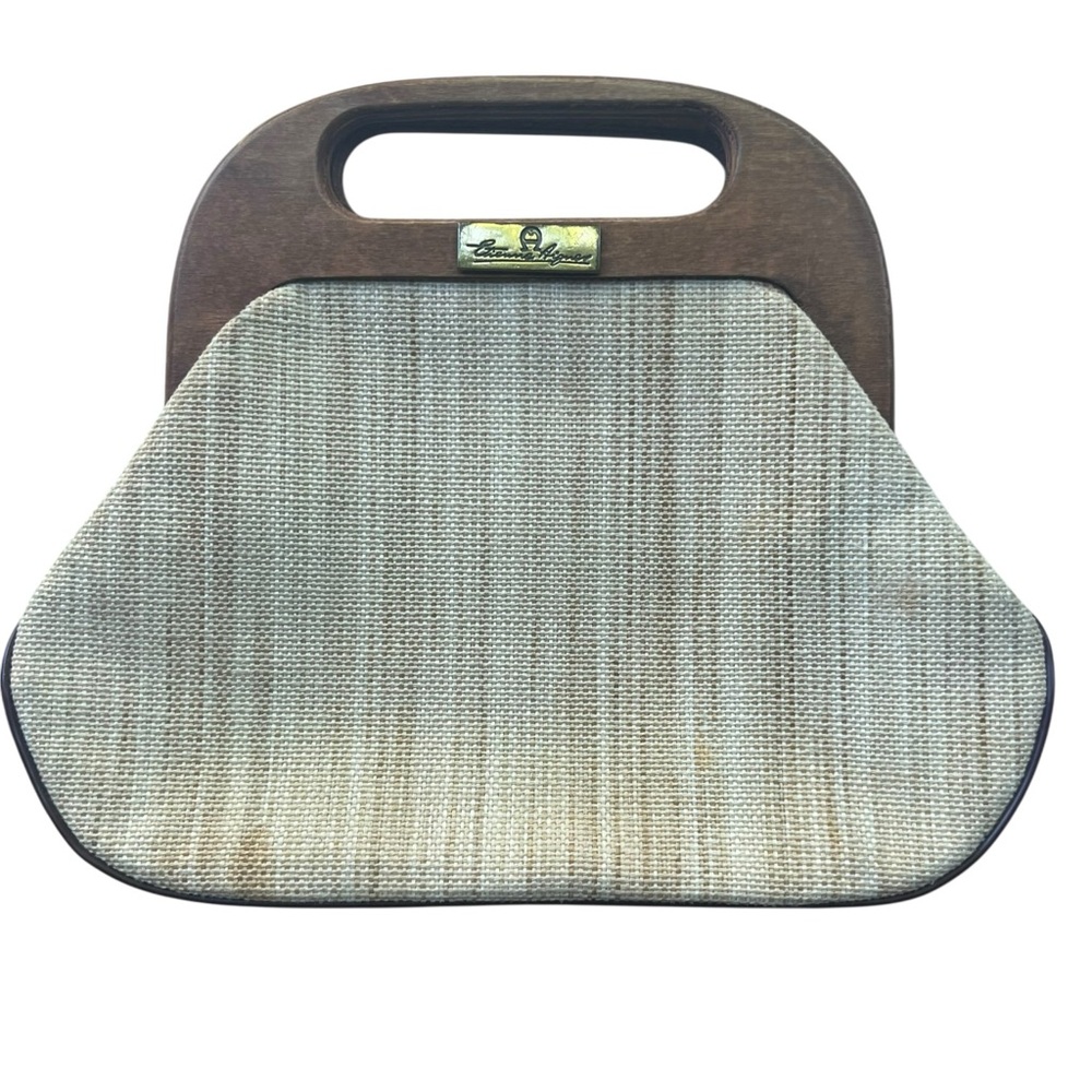 Vintage 70s ETIENNE AIGNER Linen Jute-Leather Clutch Bag Handbag Wooden Handle